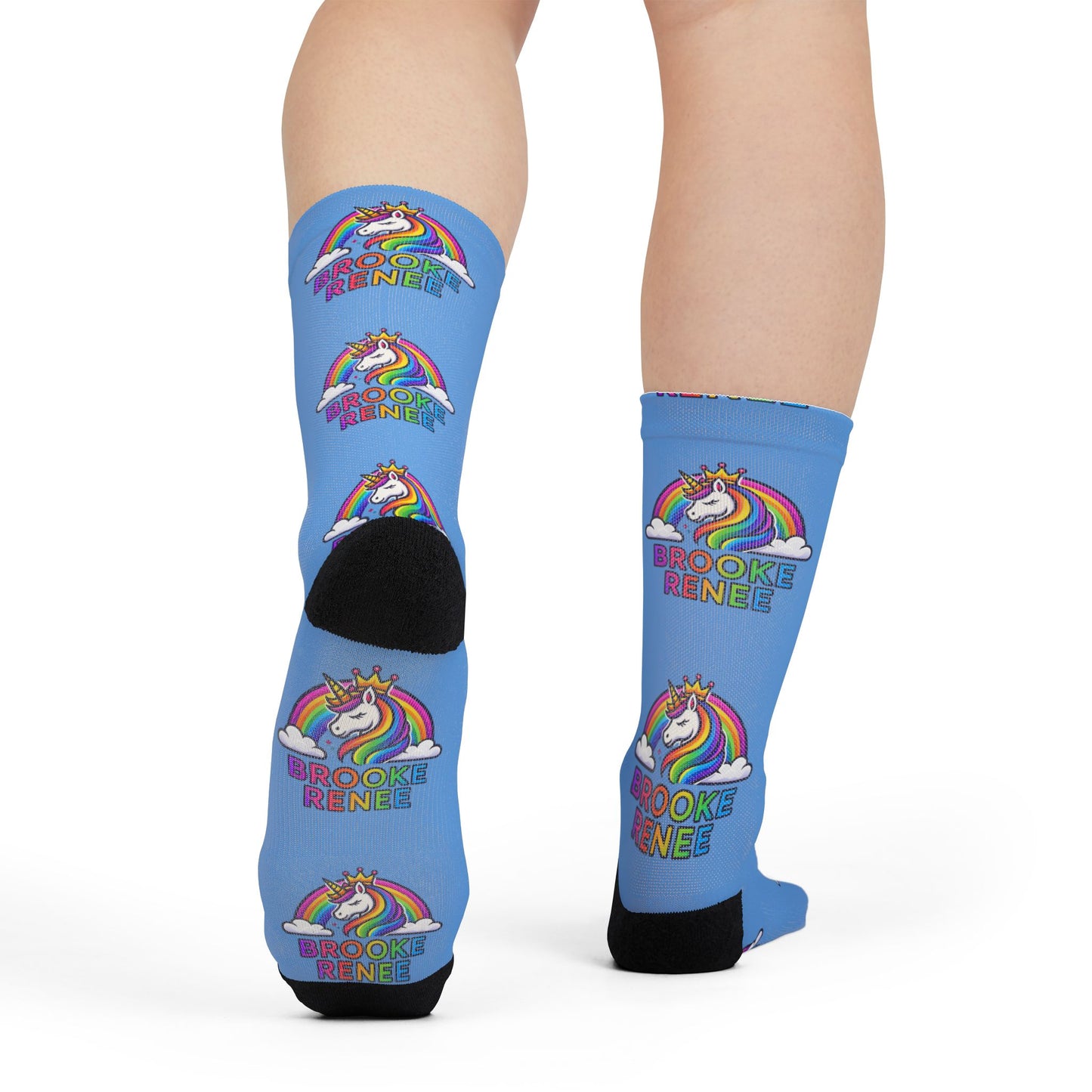 Rainbow Unicorn Crew Socks — Personalized “BROOKE RENNIE” Sublimation Socks for Kids & Teens