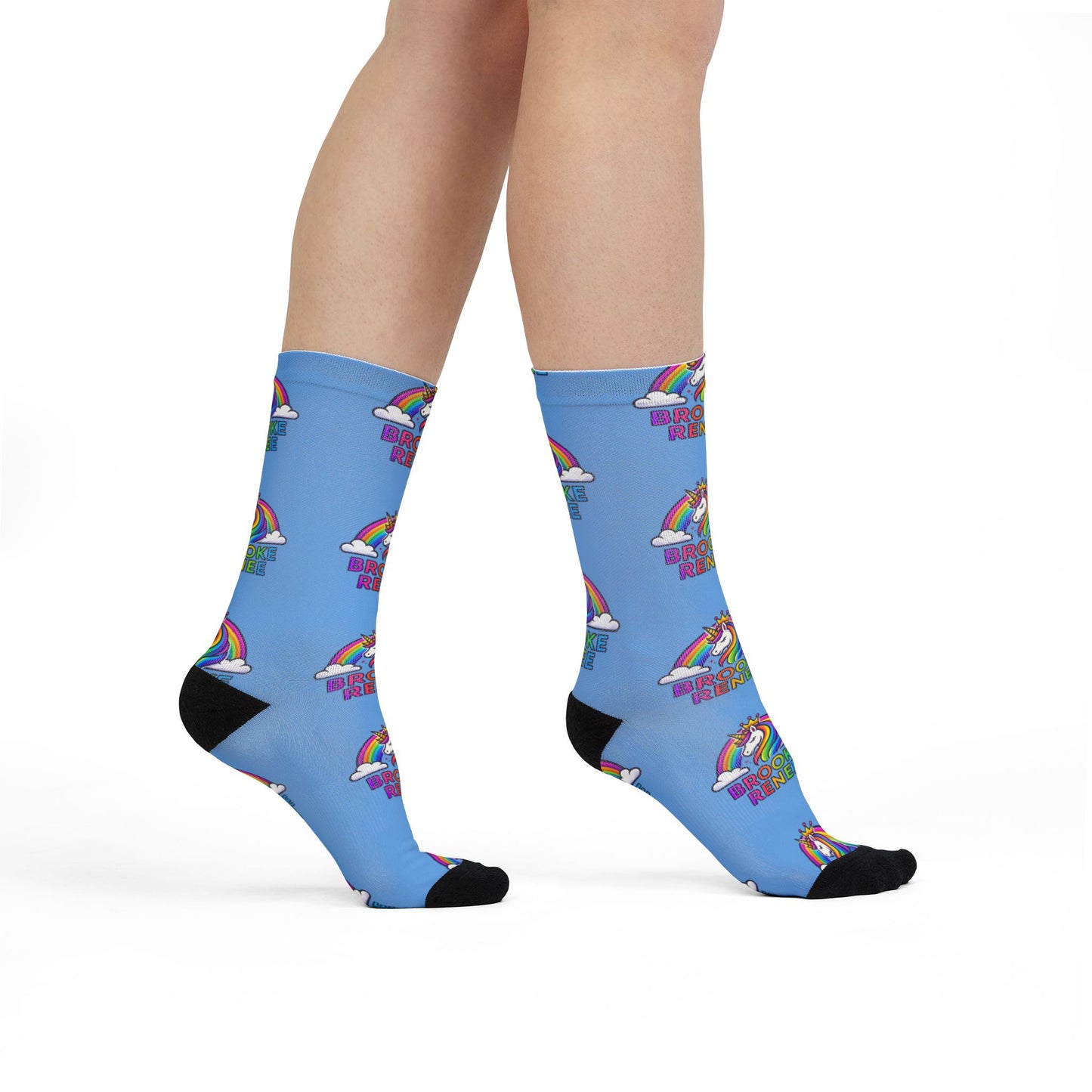 Rainbow Unicorn Crew Socks — Personalized “BROOKE RENNIE” Sublimation Socks for Kids & Teens