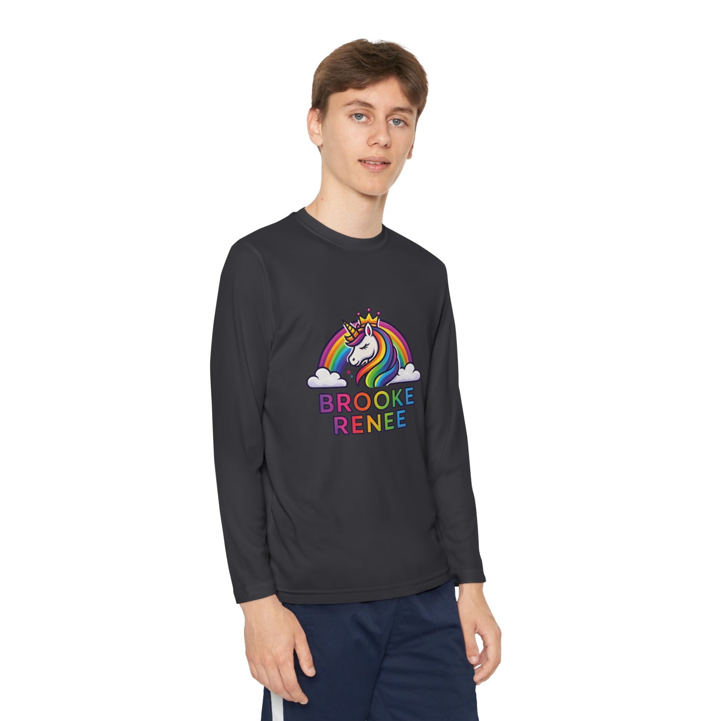 Rainbow Unicorn with Crown Youth Long Sleeve Tee | Personalized Name Design