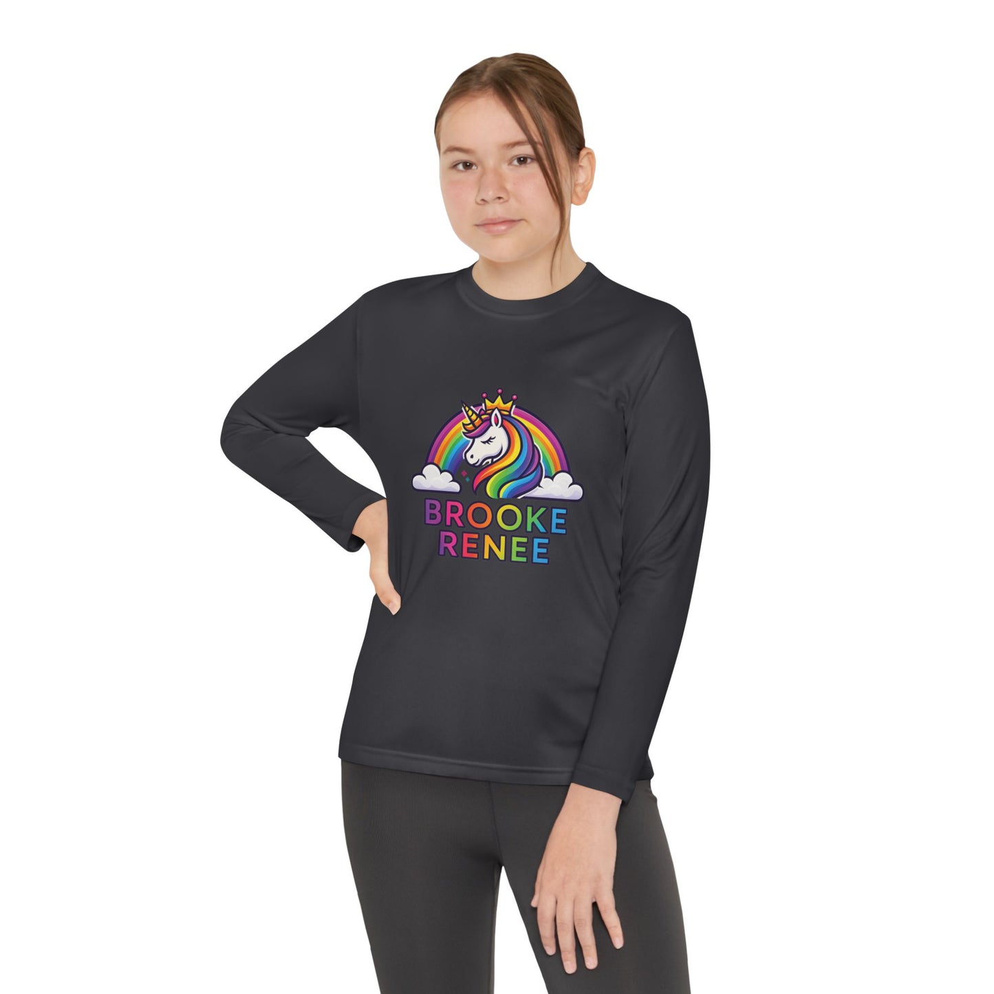 Rainbow Unicorn with Crown Youth Long Sleeve Tee | Personalized Name Design