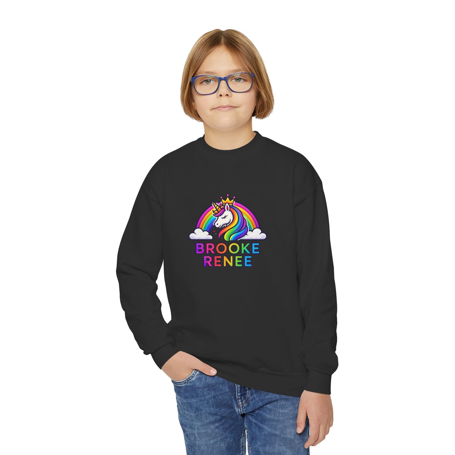Rainbow Unicorn Name Design Youth Sweatshirt | Personalized Brooke Renee