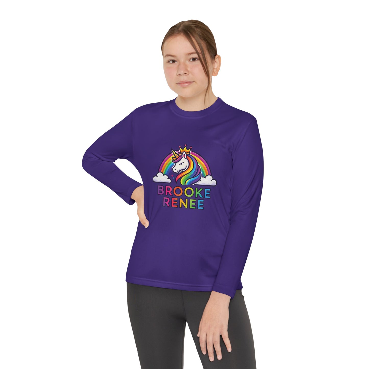 Rainbow Unicorn with Crown Youth Long Sleeve Tee | Personalized Name Design