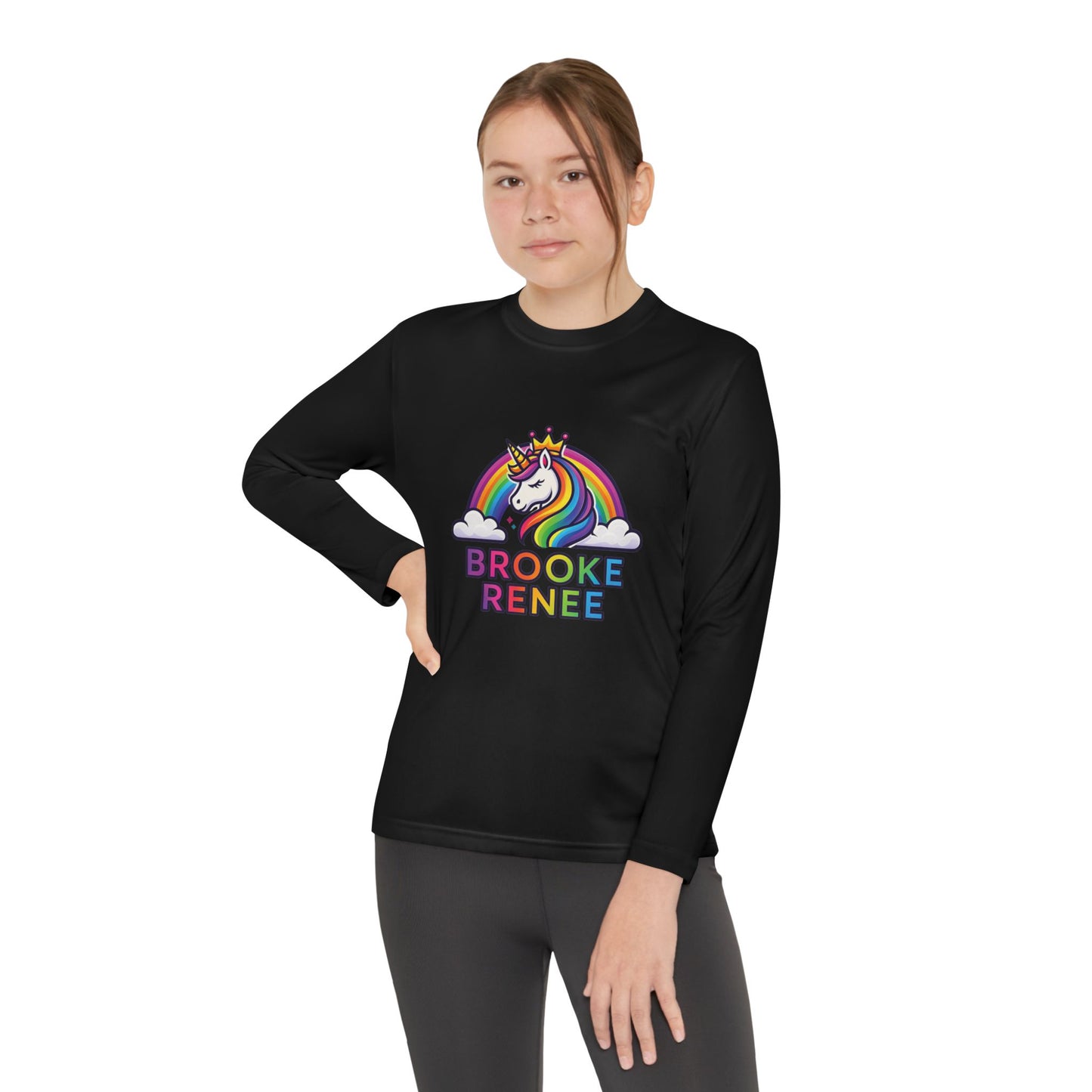 Rainbow Unicorn with Crown Youth Long Sleeve Tee | Personalized Name Design