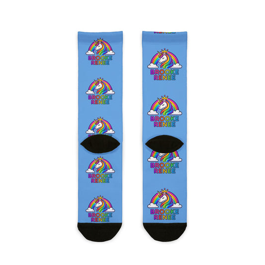 Rainbow Unicorn Crew Socks — Personalized “BROOKE RENNIE” Sublimation Socks for Kids & Teens