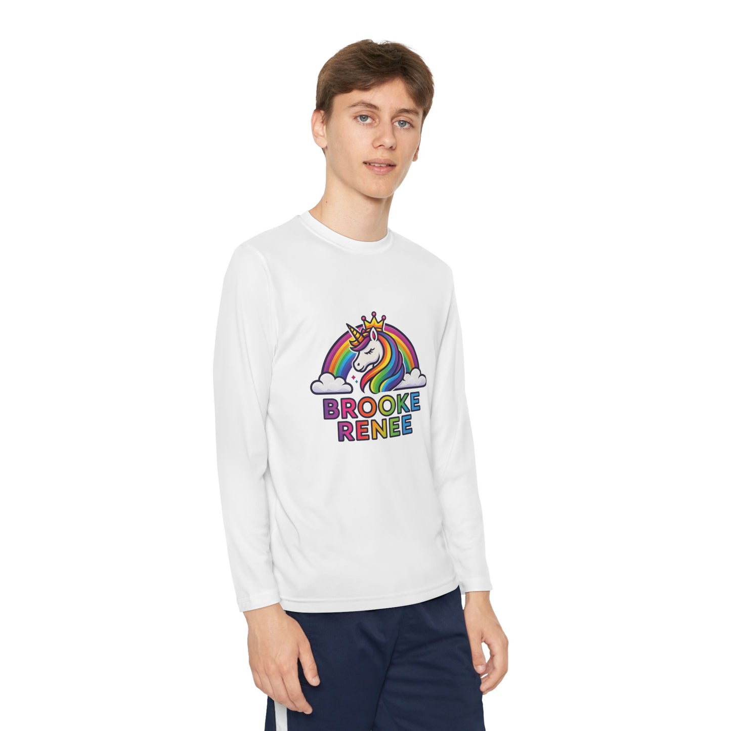 Rainbow Unicorn with Crown Youth Long Sleeve Tee | Personalized Name Design