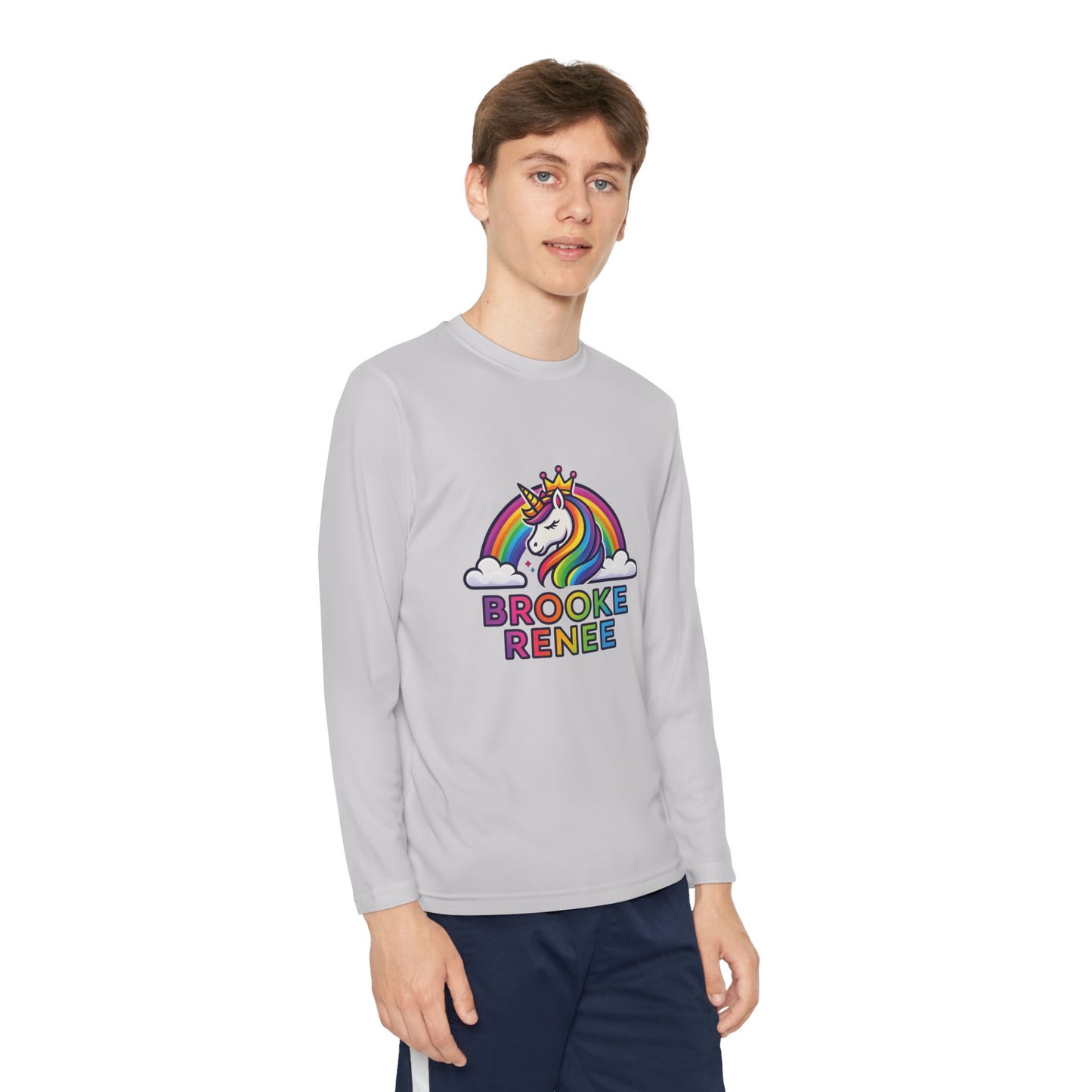 Rainbow Unicorn with Crown Youth Long Sleeve Tee | Personalized Name Design