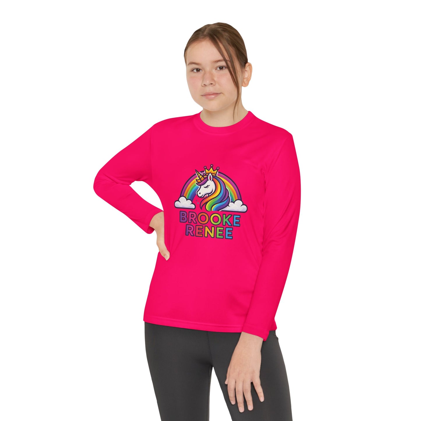 Rainbow Unicorn with Crown Youth Long Sleeve Tee | Personalized Name Design