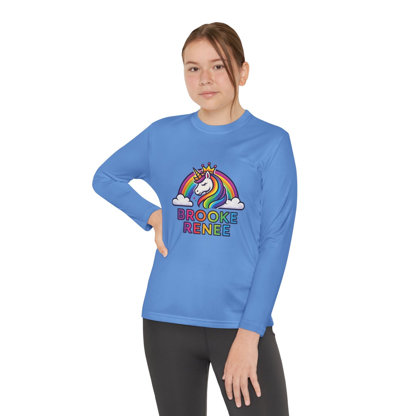 Rainbow Unicorn with Crown Youth Long Sleeve Tee | Personalized Name Design