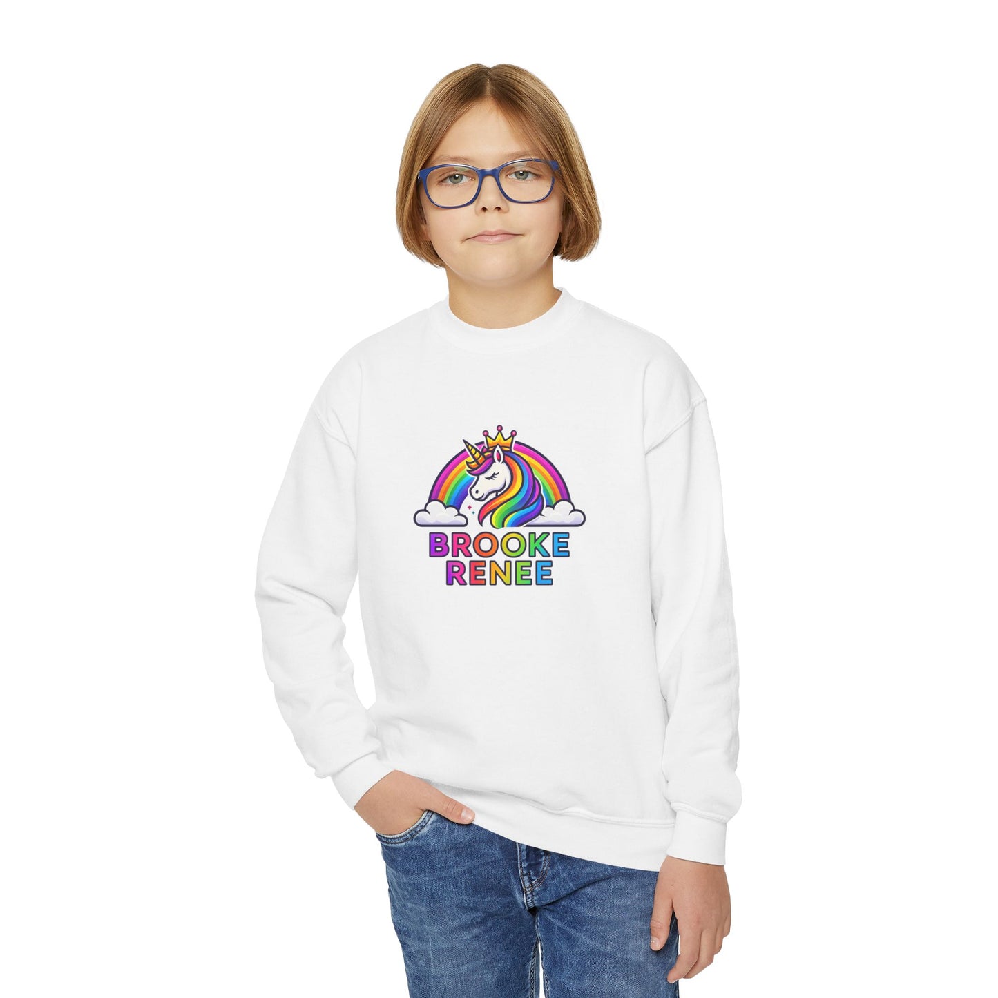 Rainbow Unicorn Name Design Youth Sweatshirt | Personalized Brooke Renee